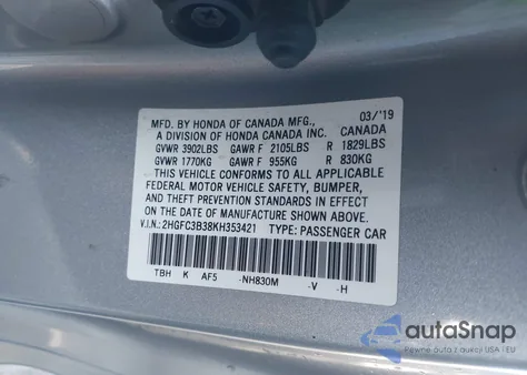 2019 Honda Civic Ex from USA, damaged, VIN 2HGFC3B38KH353421
